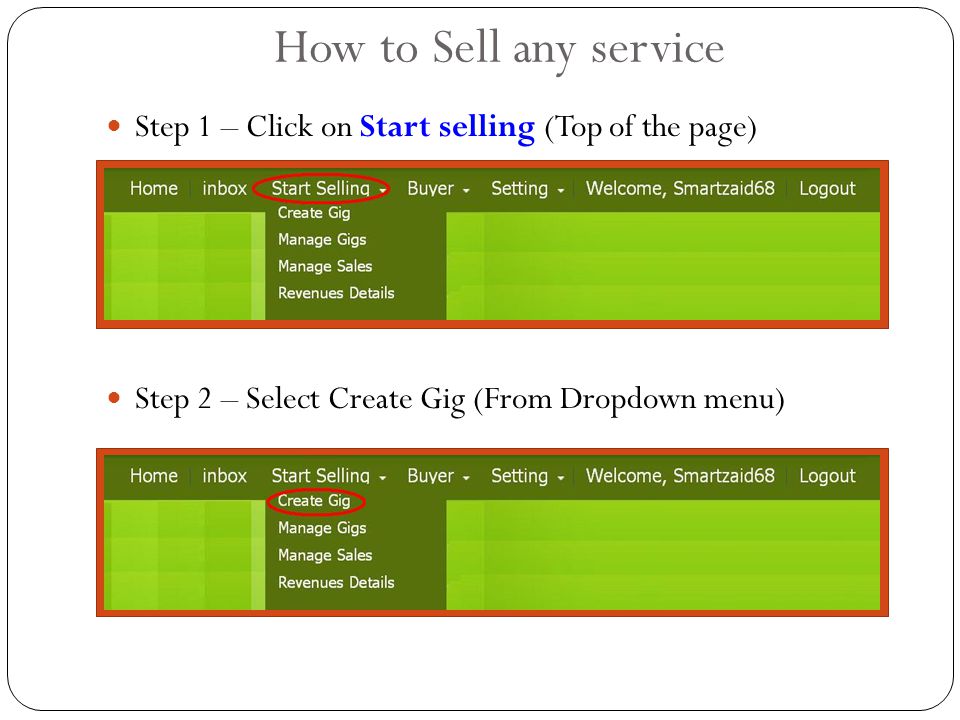How to Sell any service Step 1 – Click on Start selling (Top of the page) Step 2 – Select Create Gig (From Dropdown menu)
