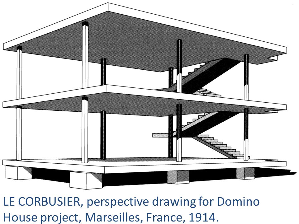 LE CORBUSIER, perspective drawing for Domino House project, Marseilles, France, 1914.