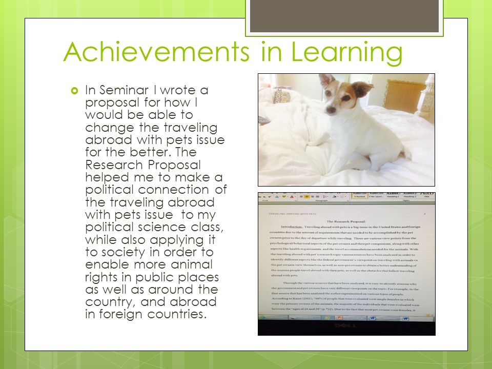 Achievements in Learning  In Seminar I wrote a proposal for how I would be able to change the traveling abroad with pets issue for the better.