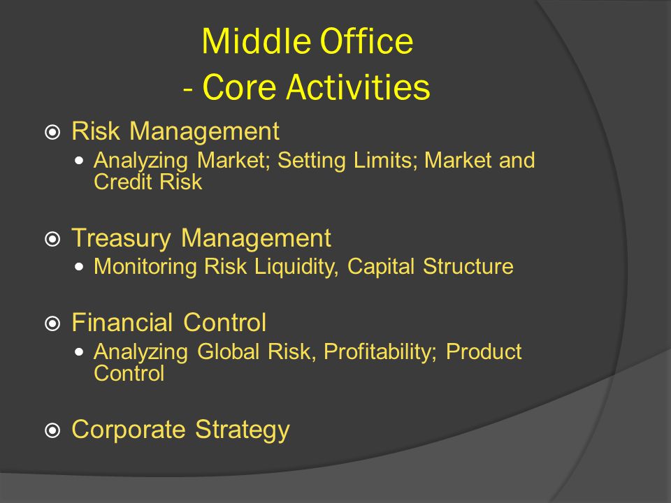 Middle Office - Core Activities  Risk Management Analyzing Market; Setting Limits; Market and Credit Risk  Treasury Management Monitoring Risk Liquidity, Capital Structure  Financial Control Analyzing Global Risk, Profitability; Product Control  Corporate Strategy