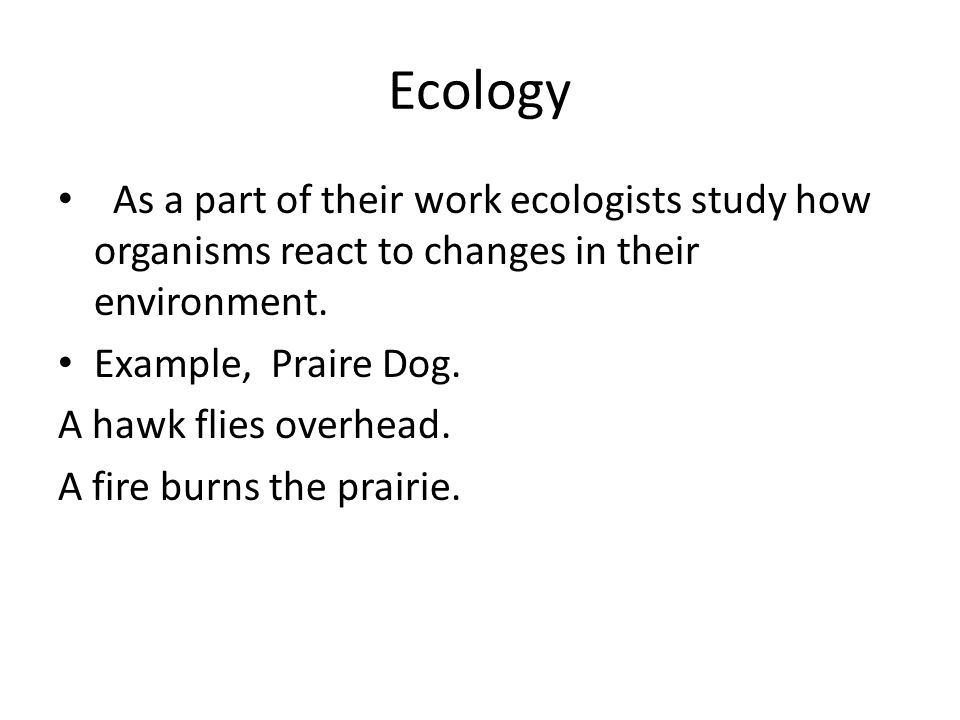 Ecology As a part of their work ecologists study how organisms react to changes in their environment.