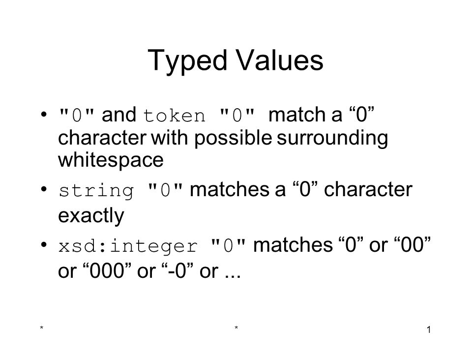 **1 Typed Values 0 and token 0 match a 0 character with possible surrounding whitespace string 0 matches a 0 character exactly xsd:integer 0 matches 0 or 00 or 000 or -0 or...