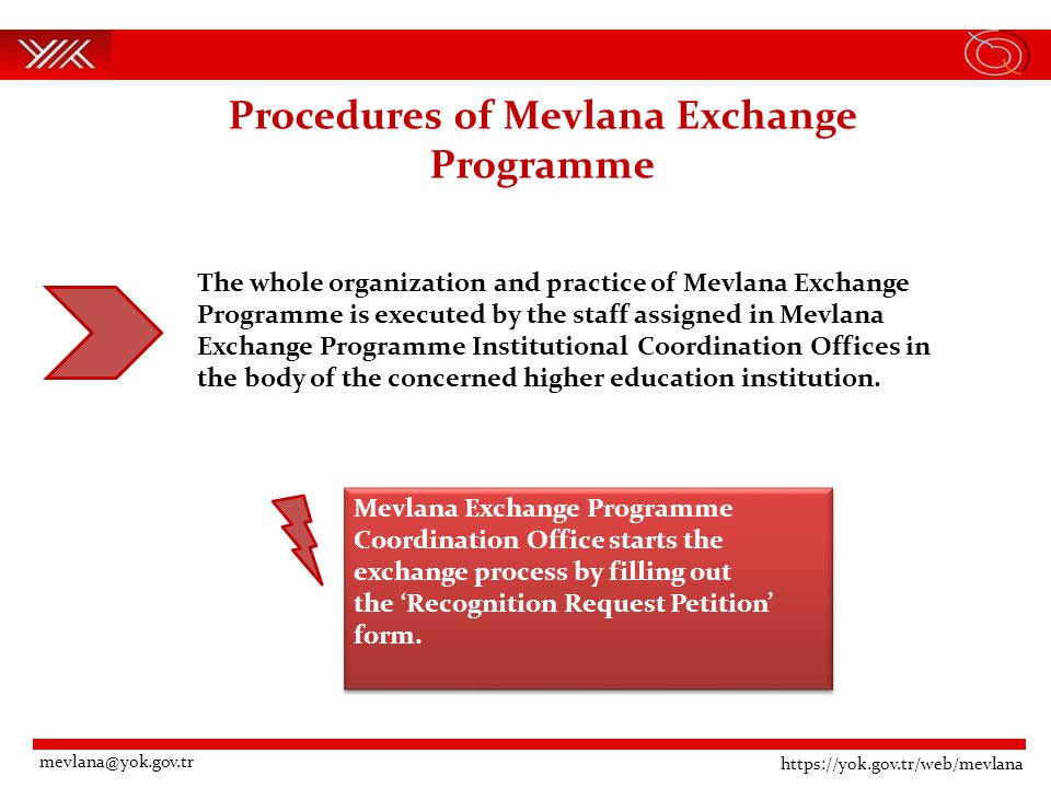 Procedures of Mevlana Exchange Programme The whole organization and practice of Mevlana Exchange Programme is executed by the staff assigned in Mevlana Exchange Programme Institutional Coordination Offices in the body of the concerned higher education institution.