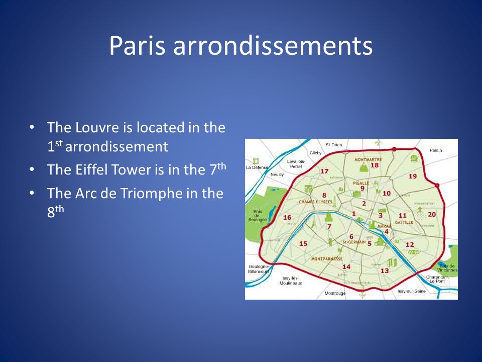 Paris arrondissements The Louvre is located in the 1 st arrondissement The Eiffel Tower is in the 7 th The Arc de Triomphe in the 8 th