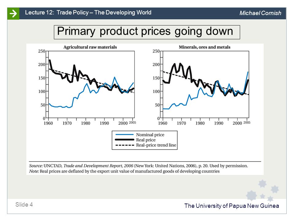 The University of Papua New Guinea Slide 4 Lecture 12: Trade Policy – The Developing World Michael Cornish Primary product prices going down