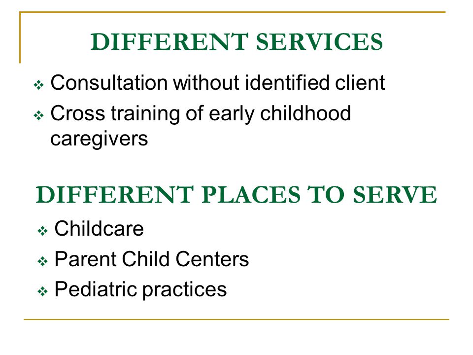 DIFFERENT SERVICES  Consultation without identified client  Cross training of early childhood caregivers DIFFERENT PLACES TO SERVE  Childcare  Parent Child Centers  Pediatric practices