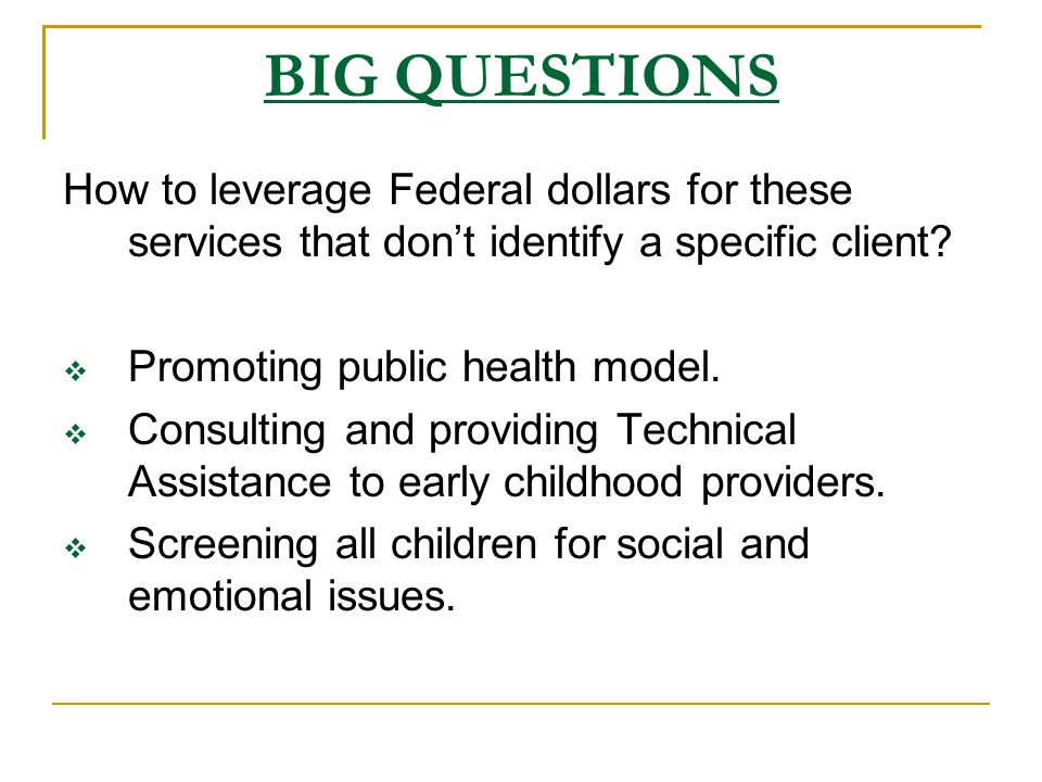 BIG QUESTIONS How to leverage Federal dollars for these services that don’t identify a specific client.