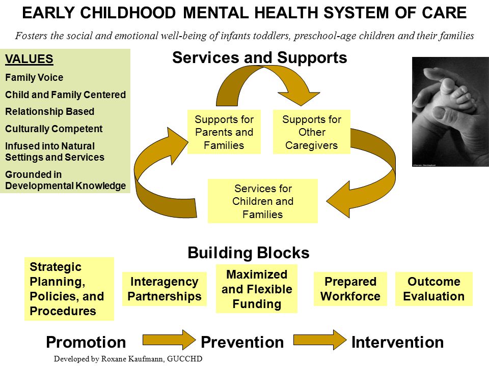 EARLY CHILDHOOD MENTAL HEALTH SYSTEM OF CARE Fosters the social and emotional well-being of infants toddlers, preschool-age children and their families VALUES Family Voice Child and Family Centered Relationship Based Culturally Competent Infused into Natural Settings and Services Grounded in Developmental Knowledge Prepared Workforce Interagency Partnerships Maximized and Flexible Funding Building Blocks PromotionPreventionIntervention Supports for Parents and Families Supports for Other Caregivers Services for Children and Families Services and Supports Outcome Evaluation Strategic Planning, Policies, and Procedures Developed by Roxane Kaufmann, GUCCHD