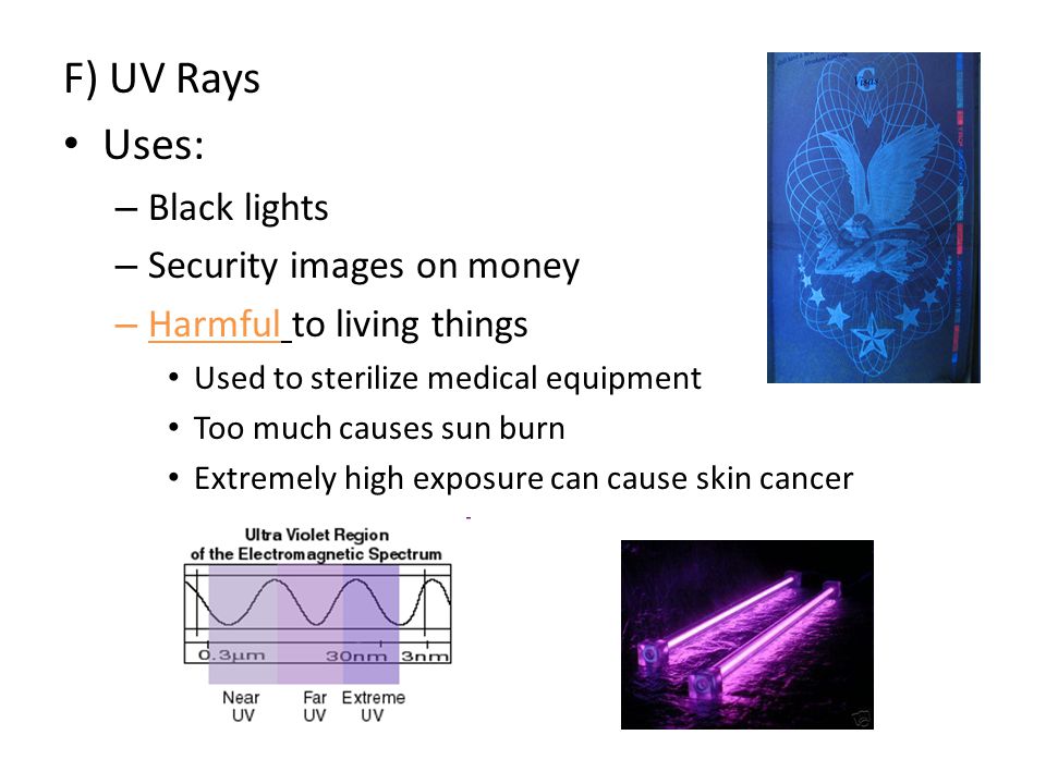 F) UV Rays Uses: – Black lights – Security images on money – Harmful to living things Used to sterilize medical equipment Too much causes sun burn Extremely high exposure can cause skin cancer