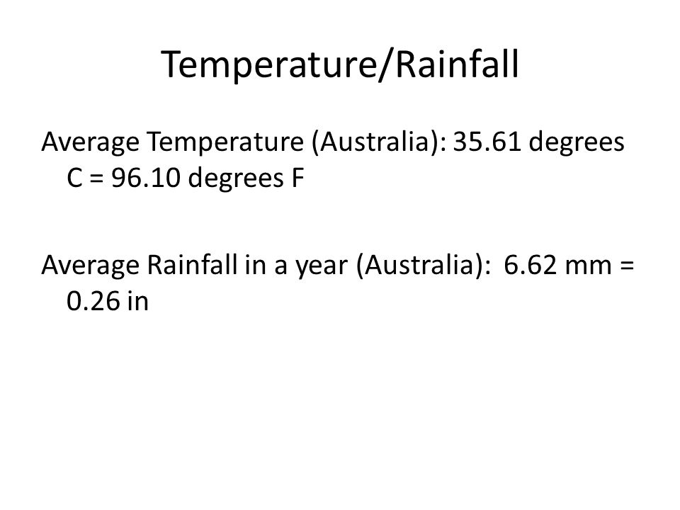 Temperature/Rainfall Average Temperature (Australia): degrees C = degrees F Average Rainfall in a year (Australia): 6.62 mm = 0.26 in