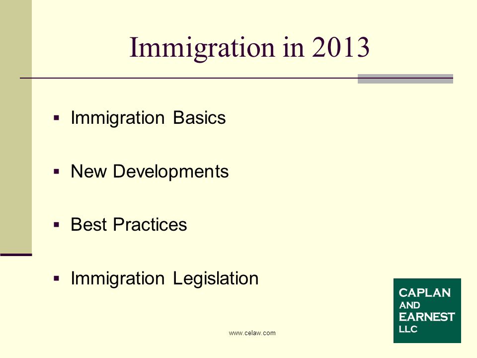  Immigration Basics  New Developments  Best Practices  Immigration Legislation Immigration in 2013