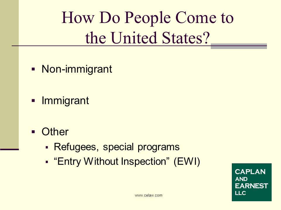  Non-immigrant  Immigrant  Other  Refugees, special programs  Entry Without Inspection (EWI) How Do People Come to the United States