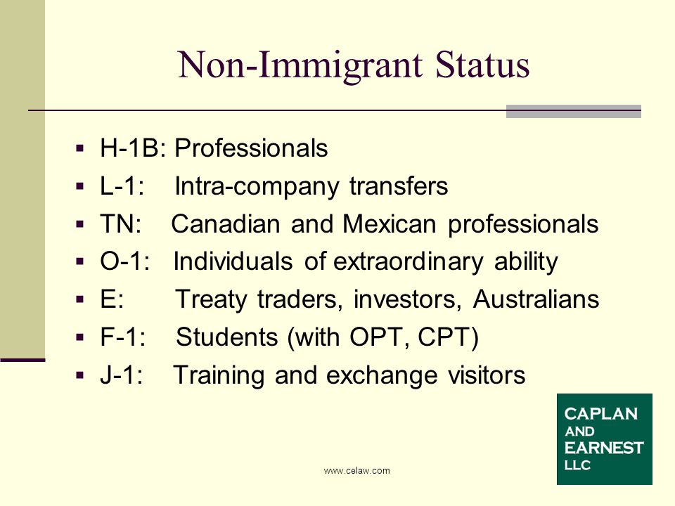  H-1B: Professionals  L-1: Intra-company transfers  TN: Canadian and Mexican professionals  O-1: Individuals of extraordinary ability  E: Treaty traders, investors, Australians  F-1: Students (with OPT, CPT)  J-1: Training and exchange visitors Non-Immigrant Status