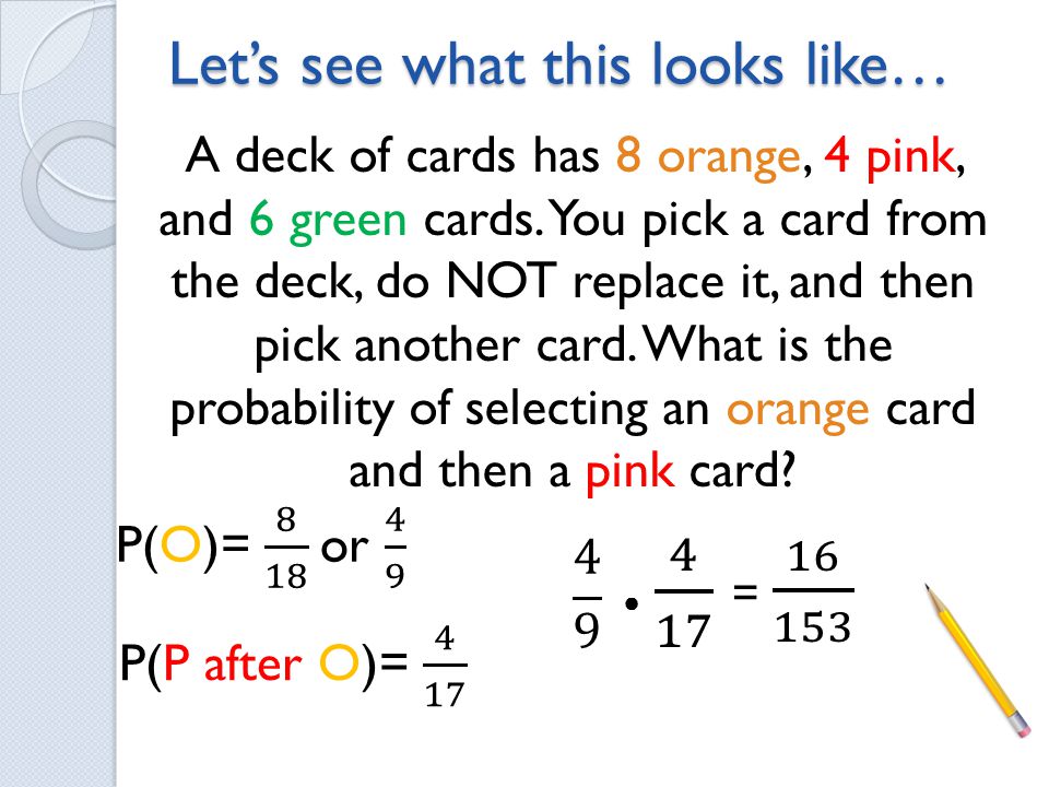 Let’s see what this looks like… A deck of cards has 8 orange, 4 pink, and 6 green cards.