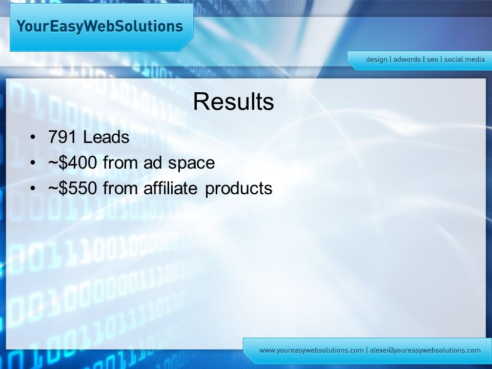 Results 791 Leads ~$400 from ad space ~$550 from affiliate products