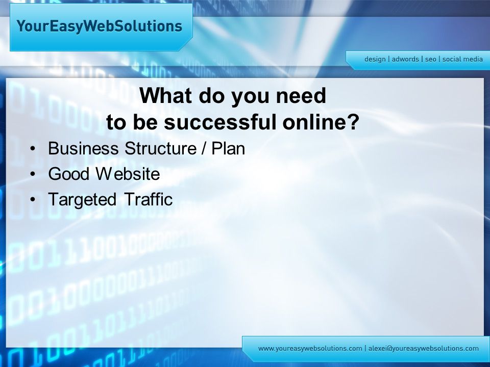 What do you need to be successful online Business Structure / Plan Good Website Targeted Traffic