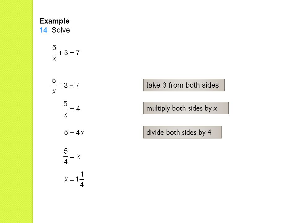 Example 14 Solve take 3 from both sides multiply both sides by x divide both sides by 4