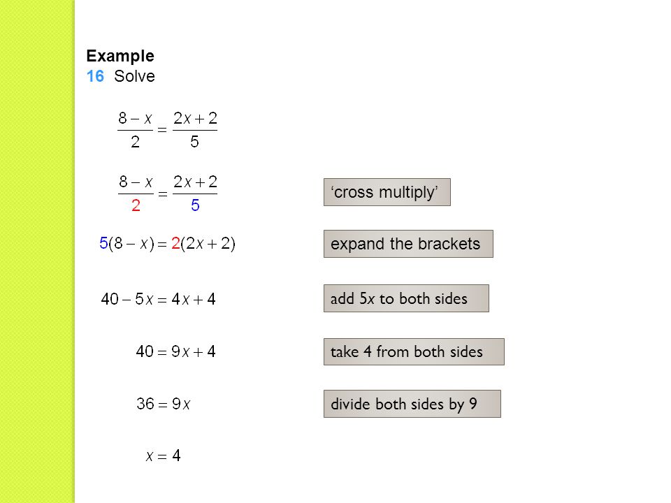 Example 16 Solve ‘cross multiply’ expand the brackets add 5x to both sides take 4 from both sides divide both sides by 9