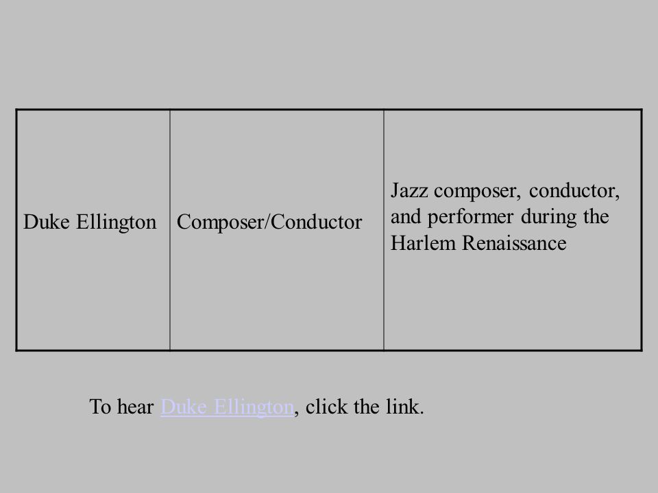 Duke Ellington Composer/Conductor Jazz composer, conductor, and performer during the Harlem Renaissance To hear Duke Ellington, click the link.Duke Ellington