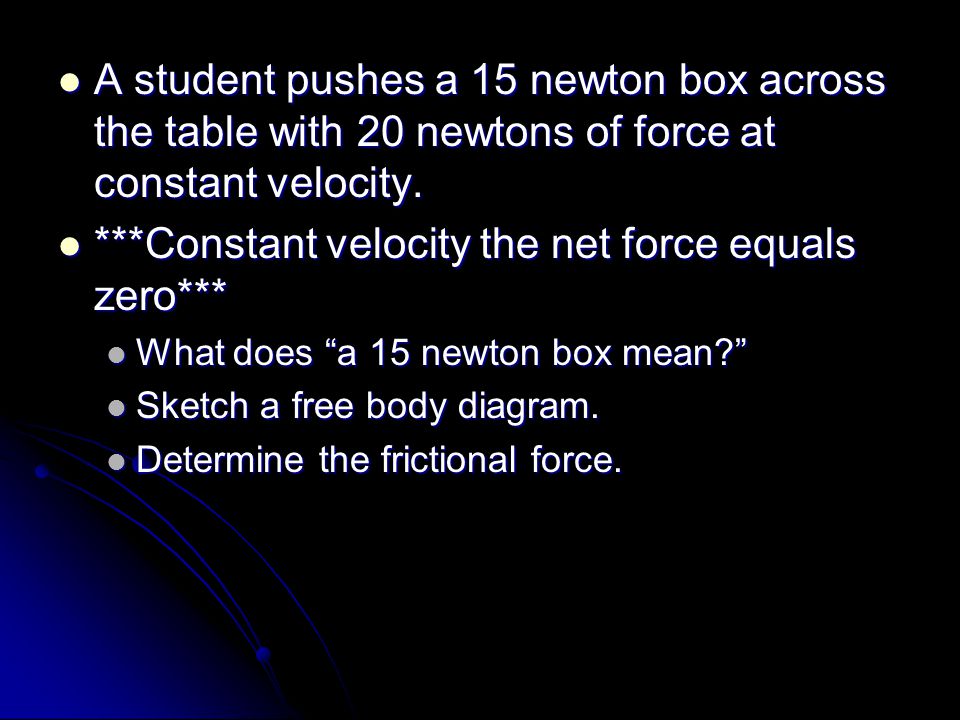 A student pushes a 15 newton box across the table with 20 newtons of force at constant velocity.