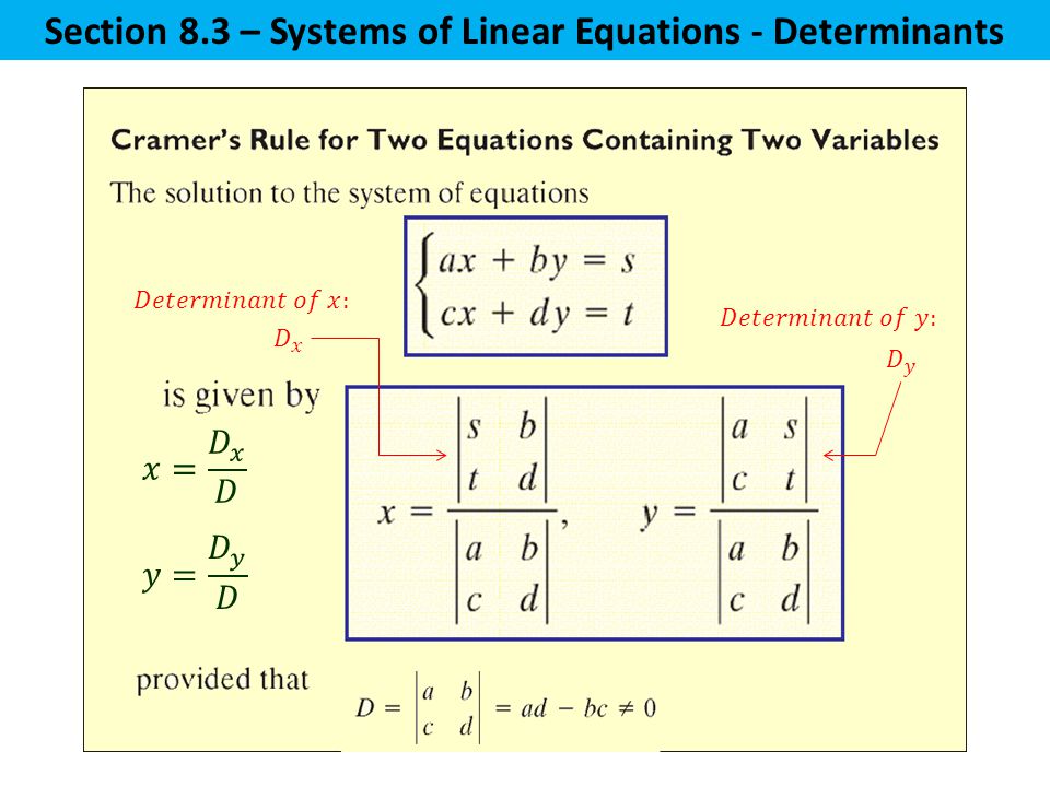 Section 8.3 – Systems of Linear Equations - Determinants