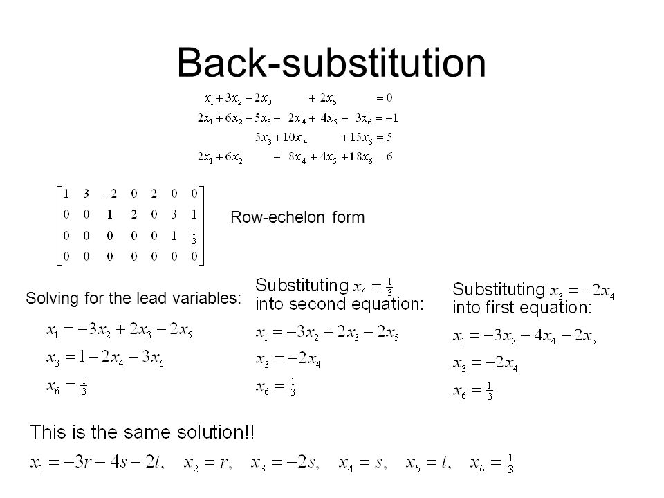 Back-substitution Row-echelon form Solving for the lead variables: