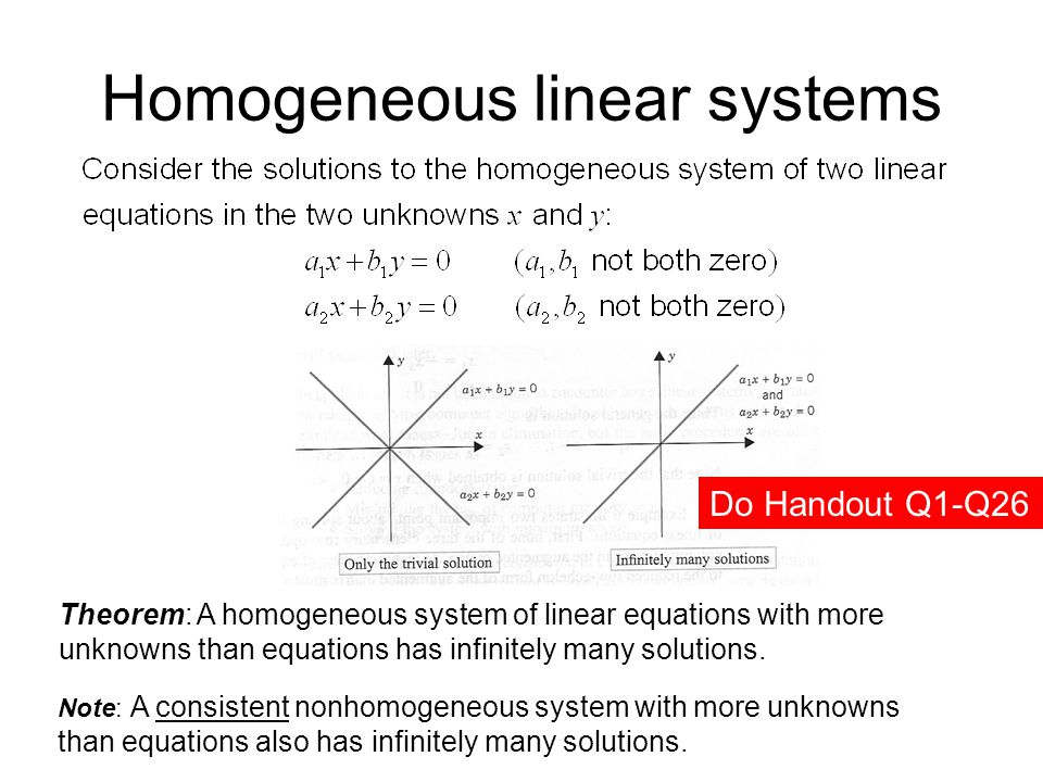 Homogeneous linear systems Theorem: A homogeneous system of linear equations with more unknowns than equations has infinitely many solutions.