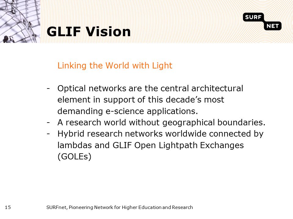 SURFnet, Pioneering Network for Higher Education and Research15 GLIF Vision Linking the World with Light -Optical networks are the central architectural element in support of this decade’s most demanding e-science applications.