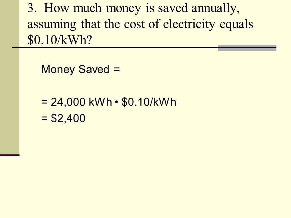 3. How much money is saved annually, assuming that the cost of electricity equals $0.10/kWh.