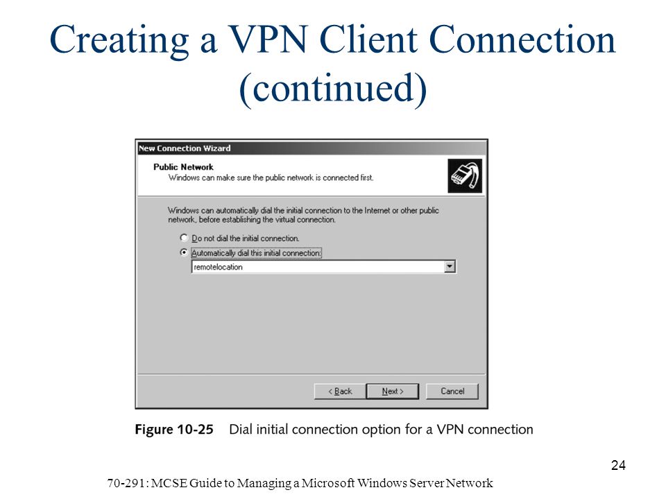 70-291: MCSE Guide to Managing a Microsoft Windows Server Network 24 Creating a VPN Client Connection (continued)