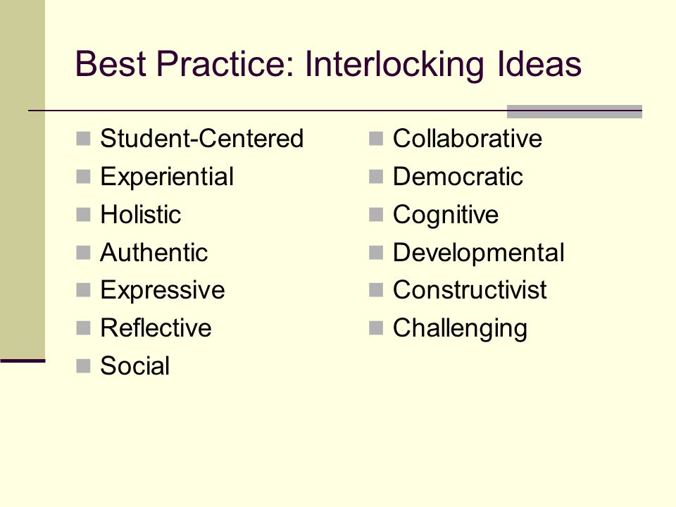 Best Practice: Interlocking Ideas Student-Centered Experiential Holistic Authentic Expressive Reflective Social Collaborative Democratic Cognitive Developmental Constructivist Challenging