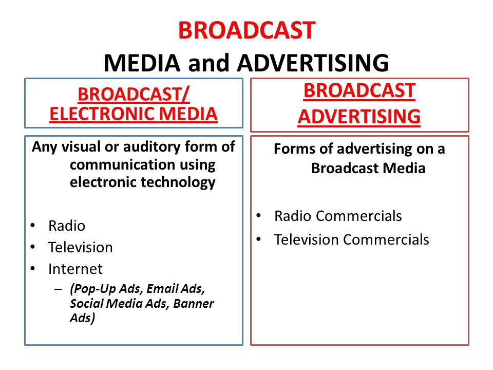 BROADCAST MEDIA and ADVERTISING BROADCAST/ ELECTRONIC MEDIA Any visual or auditory form of communication using electronic technology Radio Television Internet – (Pop-Up Ads,  Ads, Social Media Ads, Banner Ads) BROADCAST ADVERTISING Forms of advertising on a Broadcast Media Radio Commercials Television Commercials
