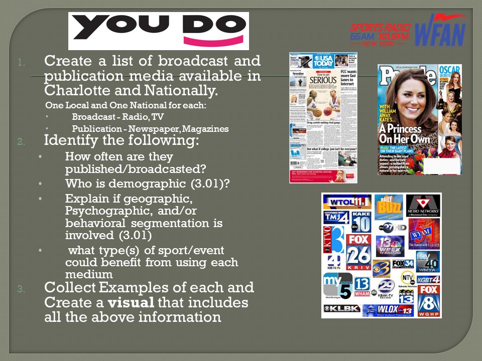 1. Create a list of broadcast and publication media available in Charlotte and Nationally.