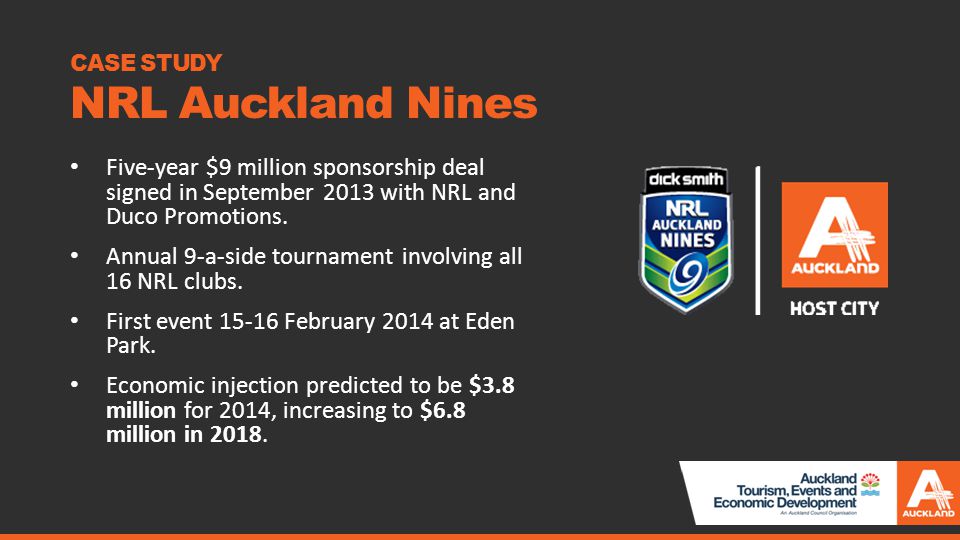 CASE STUDY NRL Auckland Nines Five-year $9 million sponsorship deal signed in September 2013 with NRL and Duco Promotions.