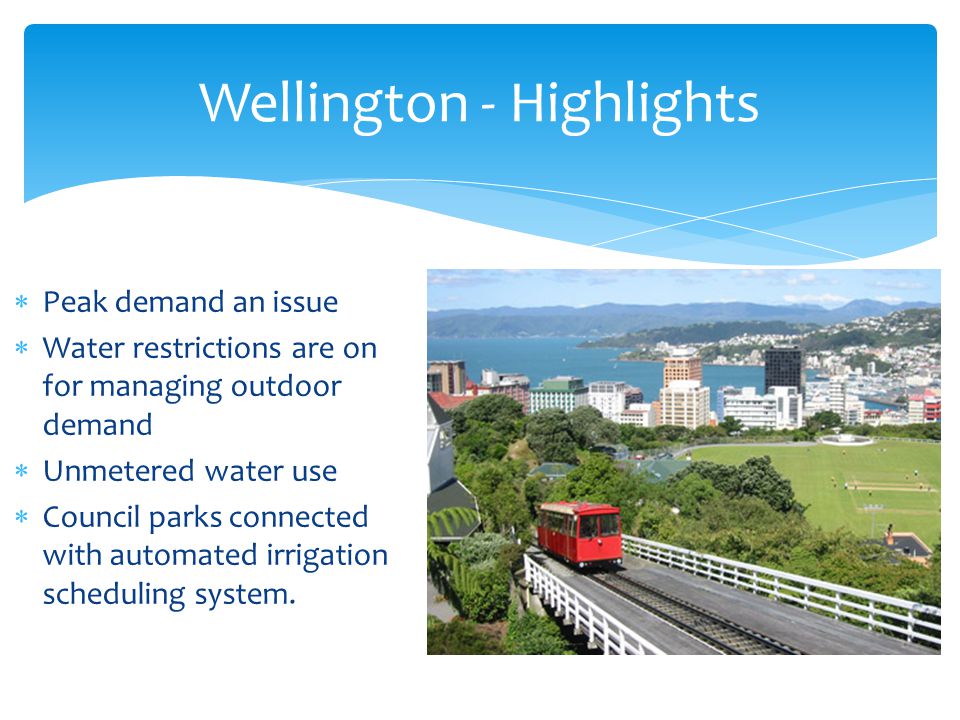  Peak demand an issue  Water restrictions are on for managing outdoor demand  Unmetered water use  Council parks connected with automated irrigation scheduling system.