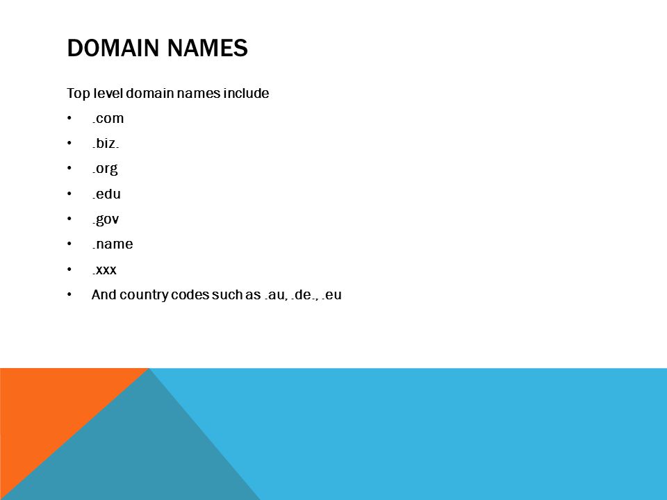 DOMAIN NAMES Top level domain names include.com.biz..org.edu.gov.name.xxx And country codes such as.au,.de.,.eu