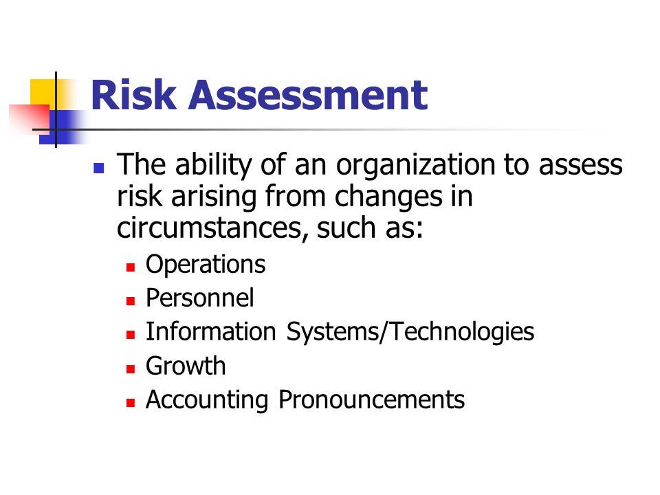 Risk Assessment The ability of an organization to assess risk arising from changes in circumstances, such as: Operations Personnel Information Systems/Technologies Growth Accounting Pronouncements