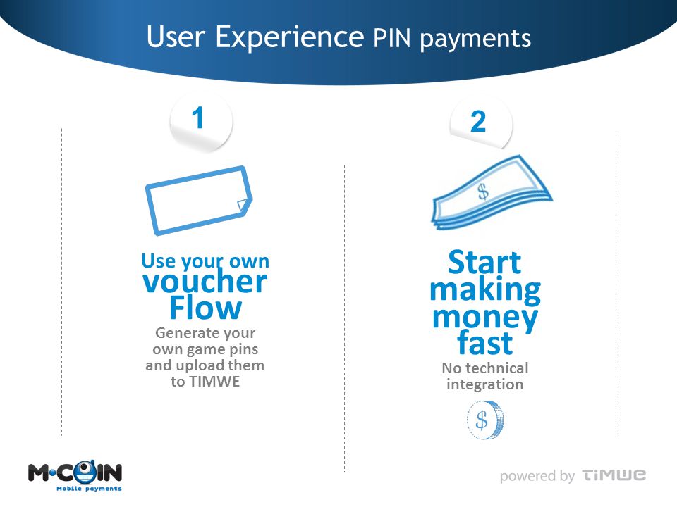 User Experience PIN payments 12 Start making money fast No technical integration Use your own voucher Flow Generate your own game pins and upload them to TIMWE