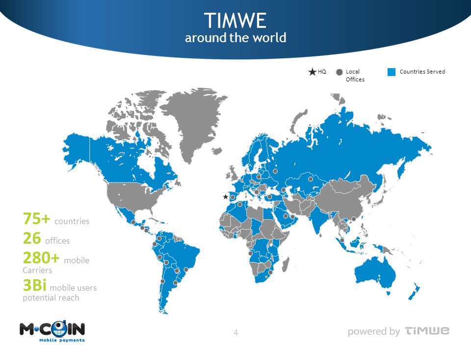 TIMWE around the world 4 Local Offices Countries ServedHQ 75+ countries 26 offices 280+ mobile Carriers 3Bi mobile users potential reach