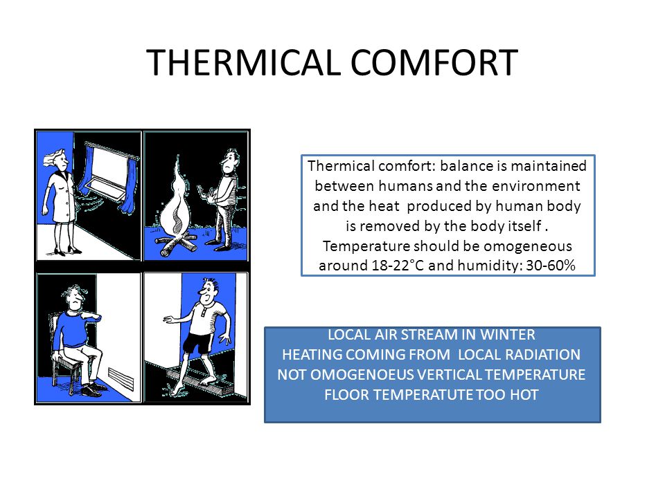 THERMICAL COMFORT LOCAL AIR STREAM IN WINTER HEATING COMING FROM LOCAL RADIATION NOT OMOGENOEUS VERTICAL TEMPERATURE FLOOR TEMPERATUTE TOO HOT Thermical comfort: balance is maintained between humans and the environment and the heat produced by human body is removed by the body itself.