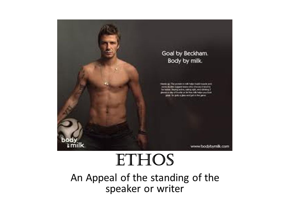 Ethos An Appeal of the standing of the speaker or writer