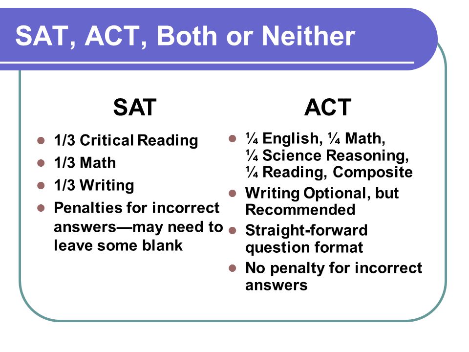 SAT, ACT, Both or Neither 1/3 Critical Reading 1/3 Math 1/3 Writing Penalties for incorrect answers—may need to leave some blank ¼ English, ¼ Math, ¼ Science Reasoning, ¼ Reading, Composite Writing Optional, but Recommended Straight-forward question format No penalty for incorrect answers SATACT