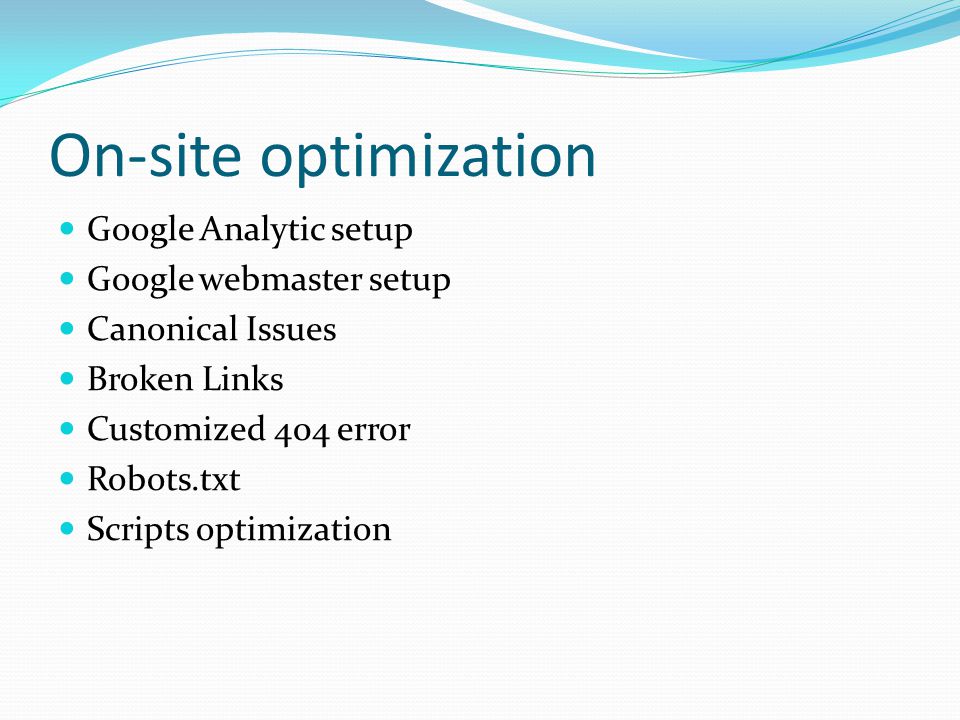 On-site optimization Google Analytic setup Google webmaster setup Canonical Issues Broken Links Customized 404 error Robots.txt Scripts optimization
