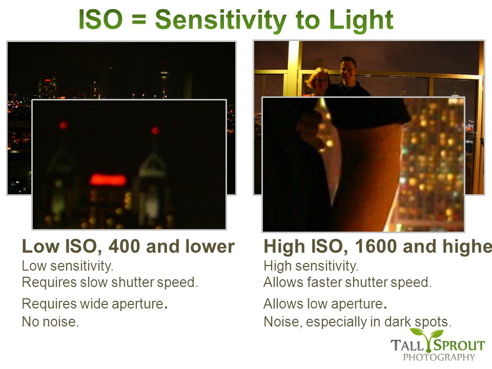 Low ISO, 400 and lower Low sensitivity. Requires slow shutter speed.