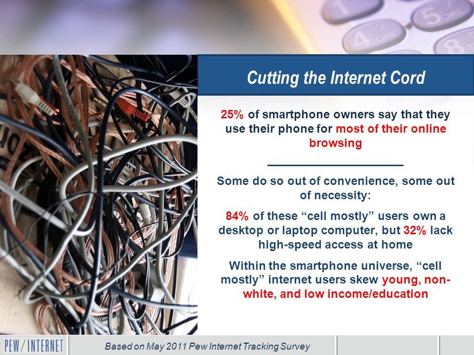 25% of smartphone owners say that they use their phone for most of their online browsing _____________________ Some do so out of convenience, some out of necessity: 84% of these cell mostly users own a desktop or laptop computer, but 32% lack high-speed access at home Within the smartphone universe, cell mostly internet users skew young, non- white, and low income/education Cutting the Internet Cord Based on May 2011 Pew Internet Tracking Survey