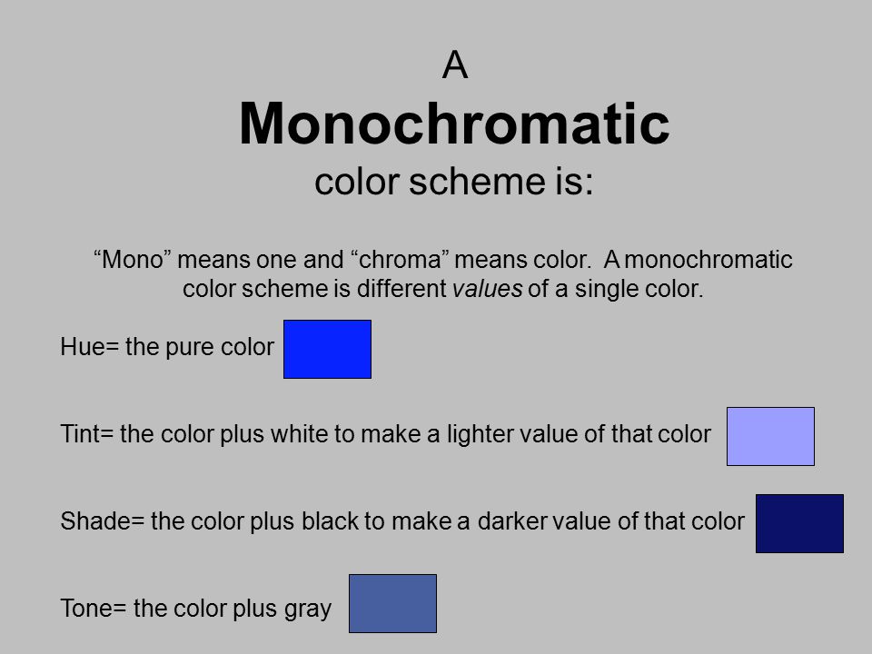 A Monochromatic color scheme is: Mono means one and chroma means color.