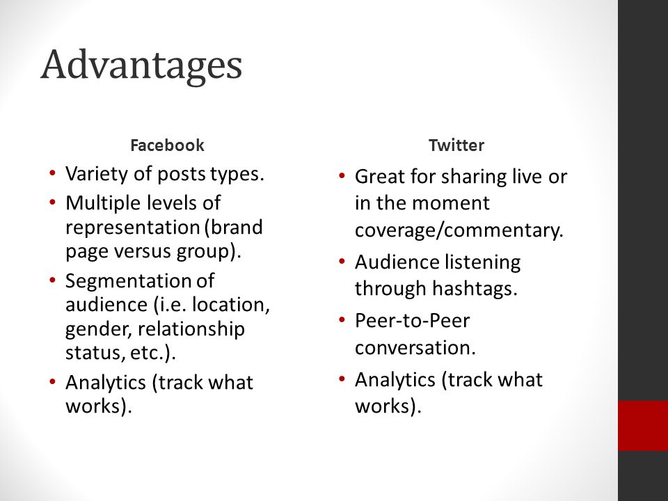 Advantages Facebook Variety of posts types.