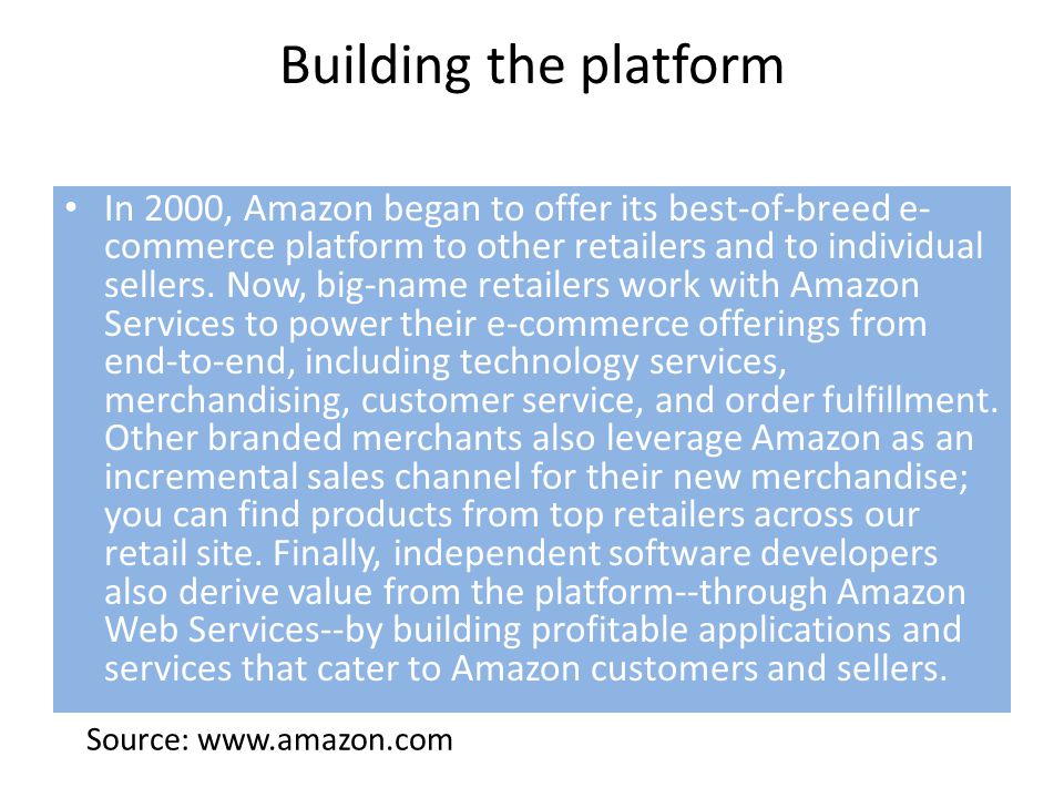 Building the platform In 2000, Amazon began to offer its best-of-breed e- commerce platform to other retailers and to individual sellers.