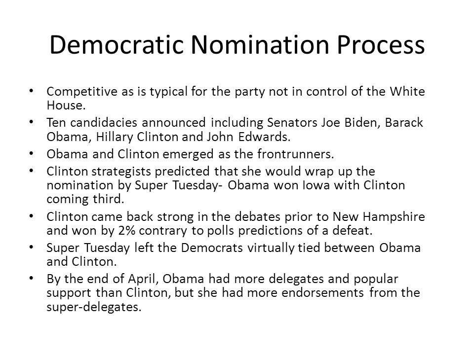 Democratic Nomination Process Competitive as is typical for the party not in control of the White House.