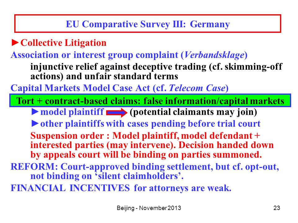 Beijing - November EU Comparative Survey III: Germany ►Collective Litigation Association or interest group complaint (Verbandsklage) injunctive relief against deceptive trading (cf.